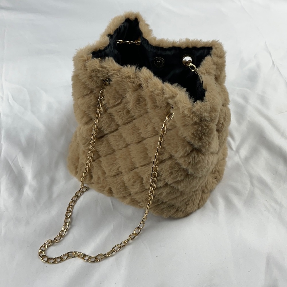 Faux Fur Bucket Bag with Gold Chain